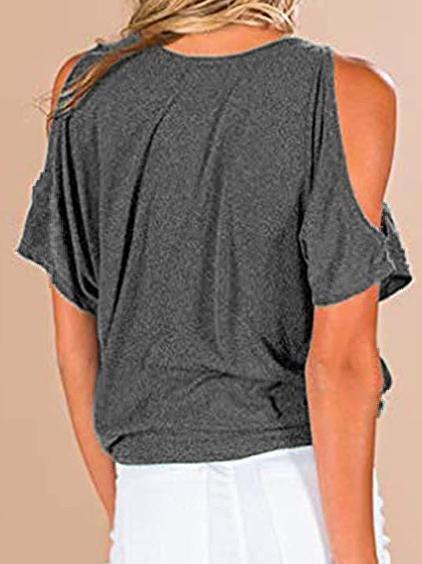 Loose Solid V-Neck Off The Shoulder Short Sleeve T-Shirt