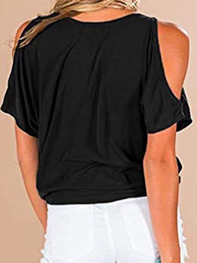 Loose Solid V-Neck Off The Shoulder Short Sleeve T-Shirt