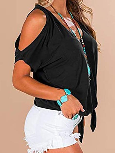 Loose Solid V-Neck Off The Shoulder Short Sleeve T-Shirt