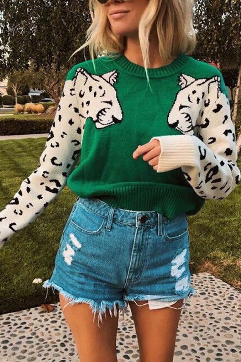 Florcoo Snow Leopard Design Knit Sweater