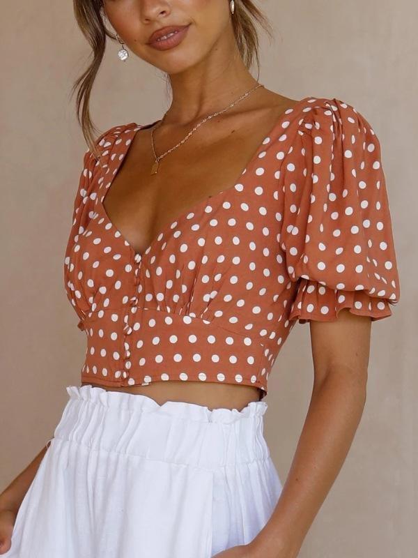 Puff Short Sleeves V-neck Polka Dot Crop Blouses