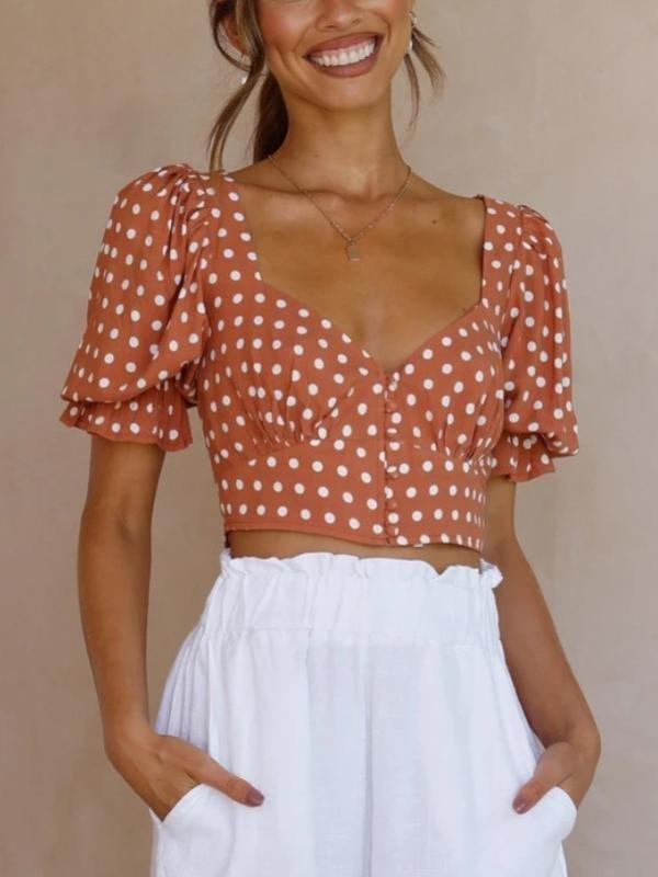 Puff Short Sleeves V-neck Polka Dot Crop Blouses