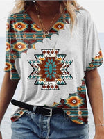 Retro Geometric Print V-neck Short-sleeved Top