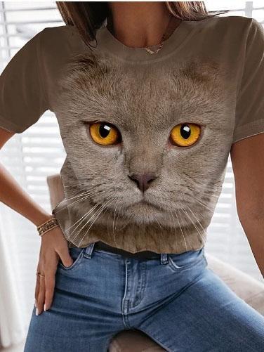 Round Neck Cat Print Short Sleeve Loose T-shirt