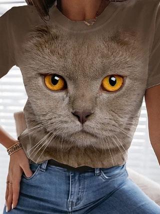 Round Neck Cat Print Short Sleeve Loose T-shirt