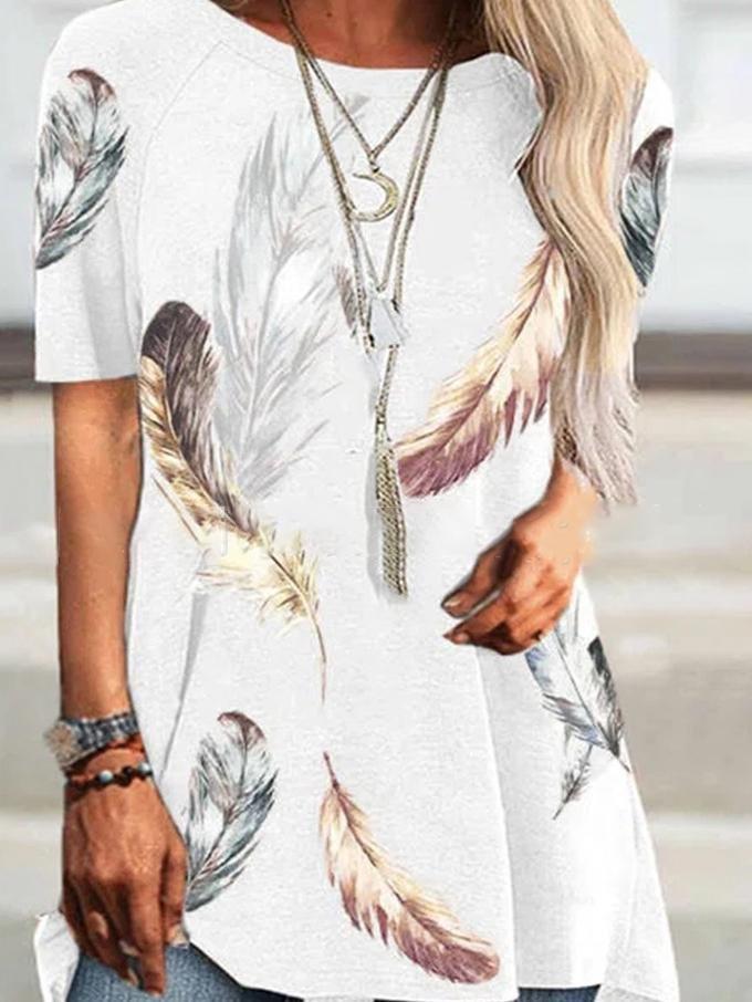 Round Neck Short Sleeve Feather Print T-Shirt