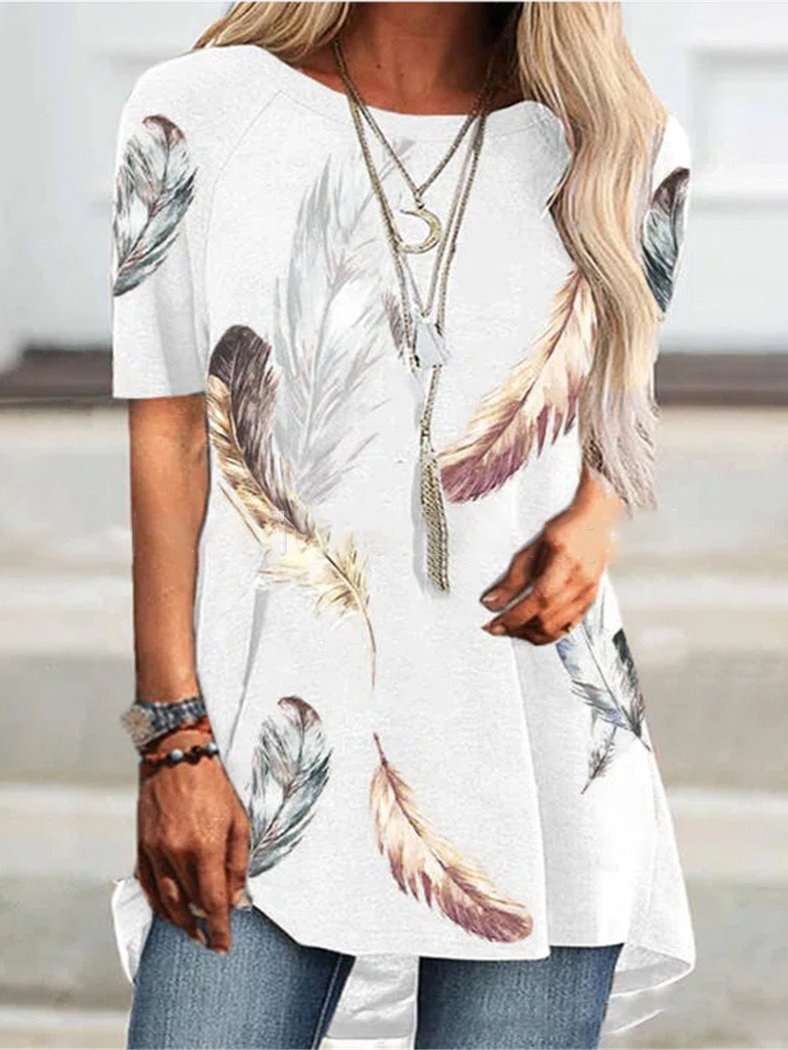 Round Neck Short Sleeve Feather Print T-Shirt