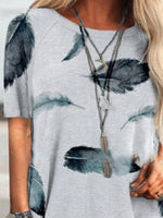 Round Neck Short Sleeve Feather Print T-Shirt