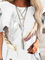 Round Neck Short Sleeve Feather Print T-Shirt