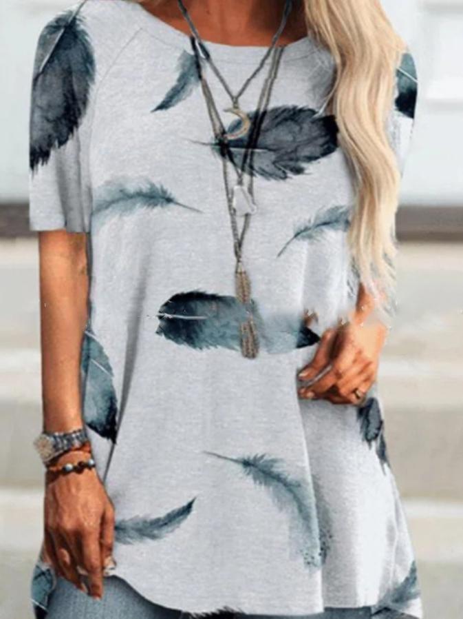 Round Neck Short Sleeve Feather Print T-Shirt