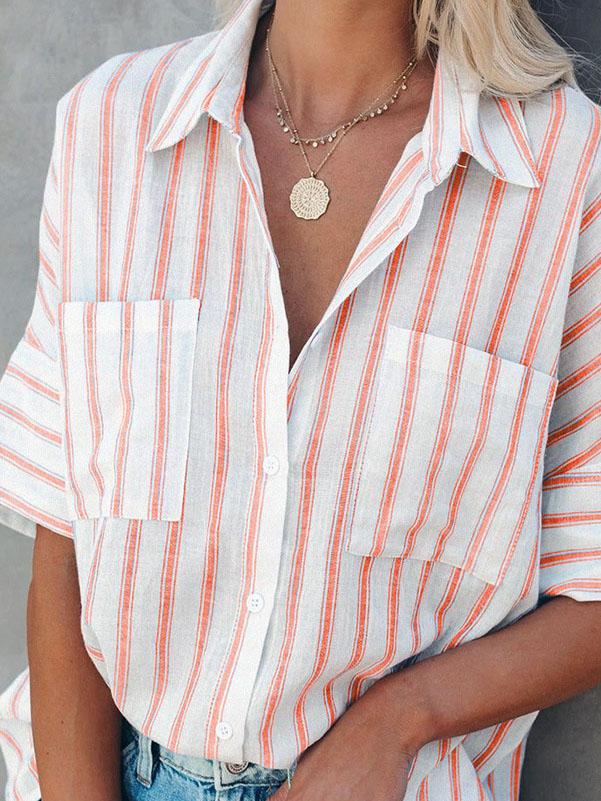 Single-breasted Loose Five-quarter Sleeves Striped Blouses