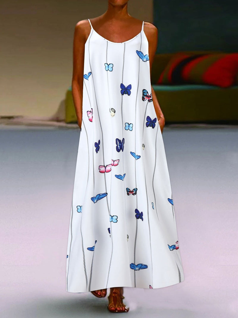 Sleeveless Butterfly Print Suspender Dress