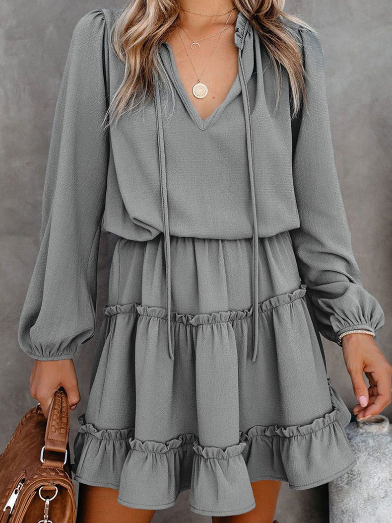Solid High Waist Long Sleeve Pullover Dress