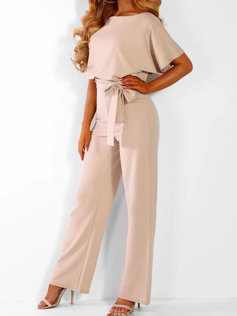 Solid Lace-up Short-sleeved Women's Jumpsuit