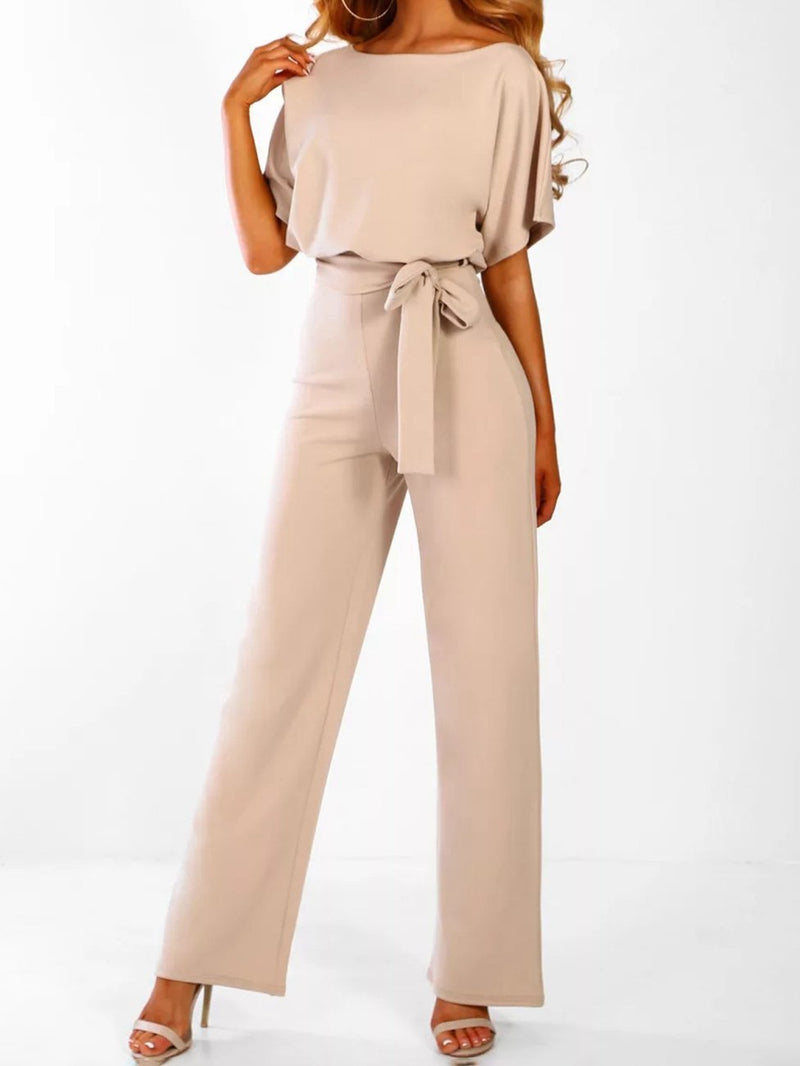 Solid Lace-up Short-sleeved Women's Jumpsuit