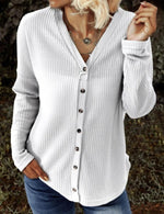 Solid Round Neck Waffle Long Sleeves Blouses