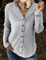 Solid Round Neck Waffle Long Sleeves Blouses