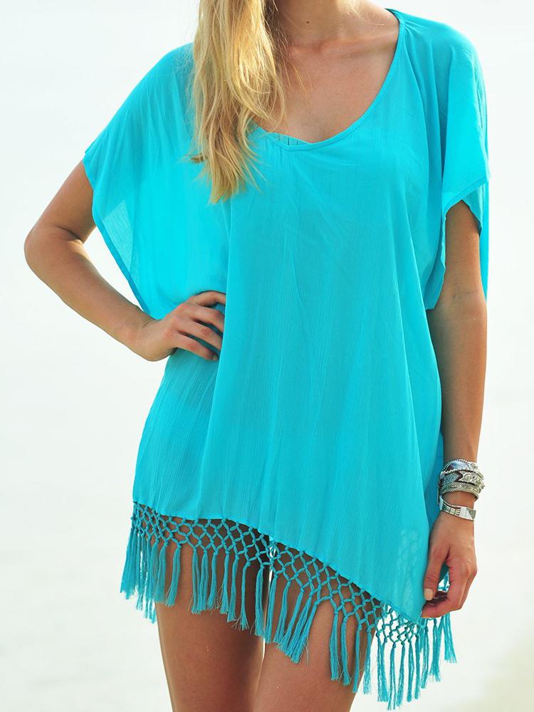 Solid Tassel Loose Bat Sleeve Beach Sunscreen Blouse