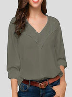 Solid V-neck Long-sleeved Chiffon Blouse