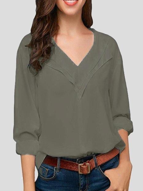 Solid V-neck Long-sleeved Chiffon Blouse