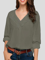 Solid V-neck Long-sleeved Chiffon Blouse