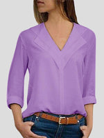 Solid V-neck Long-sleeved Chiffon Blouse