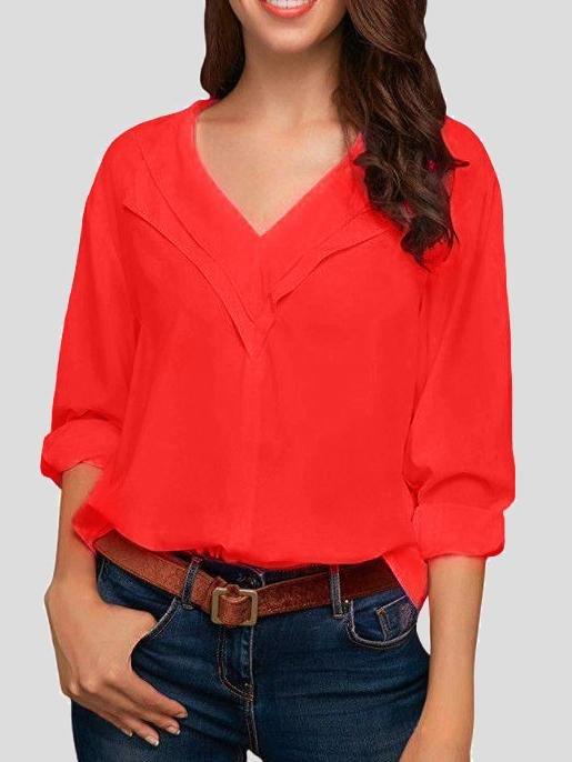 Solid V-neck Long-sleeved Chiffon Blouse