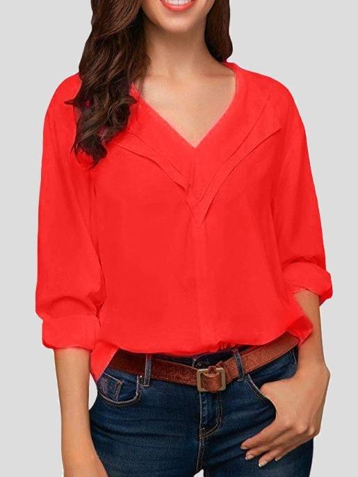 Solid V-neck Long-sleeved Chiffon Blouse