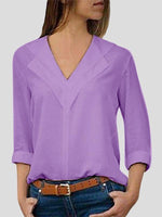 Solid V-neck Long-sleeved Chiffon Blouse