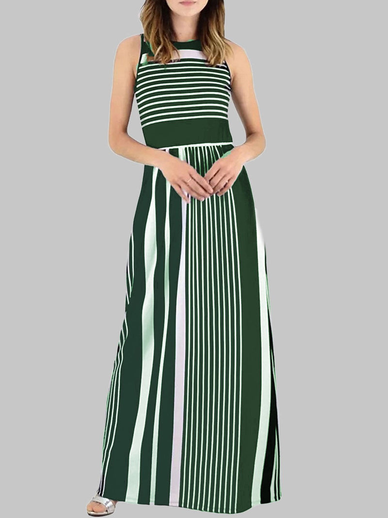 Striped Print Sleeveless Round Neck Dress