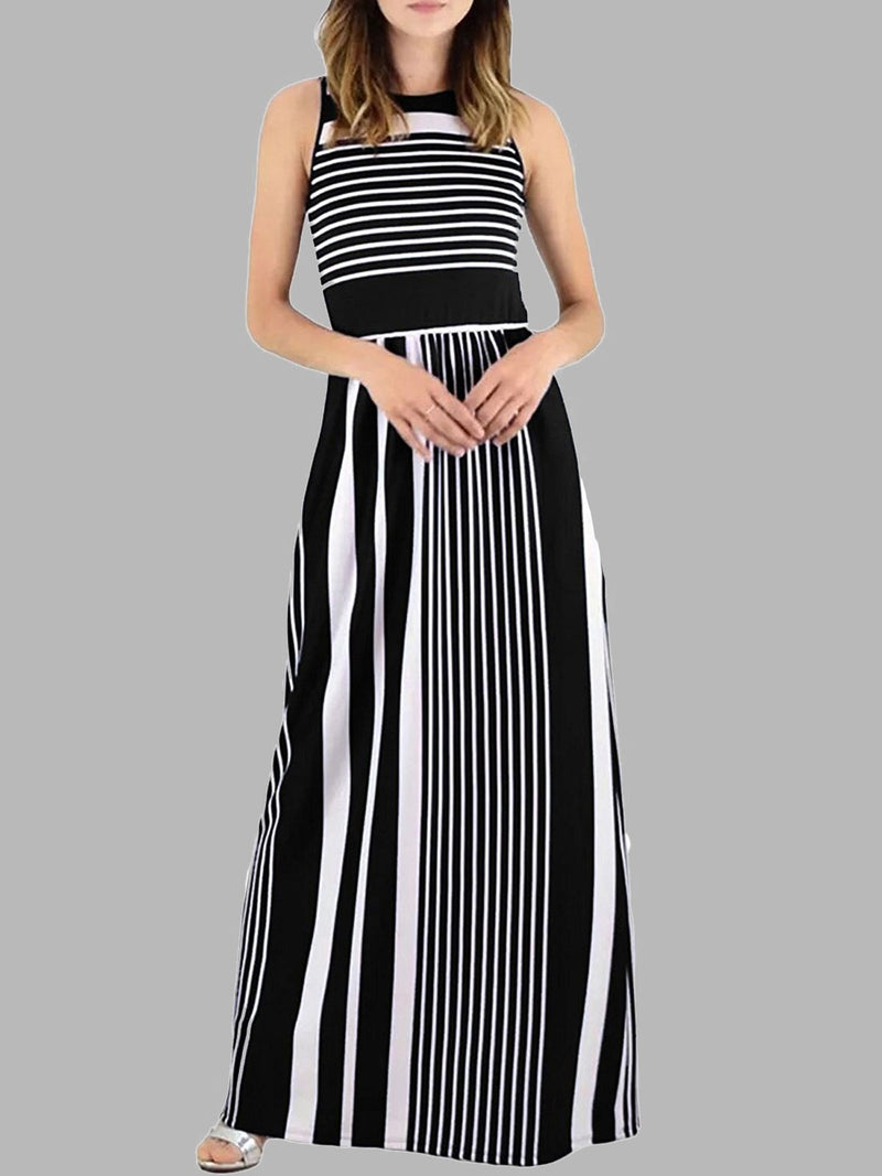 Striped Print Sleeveless Round Neck Dress