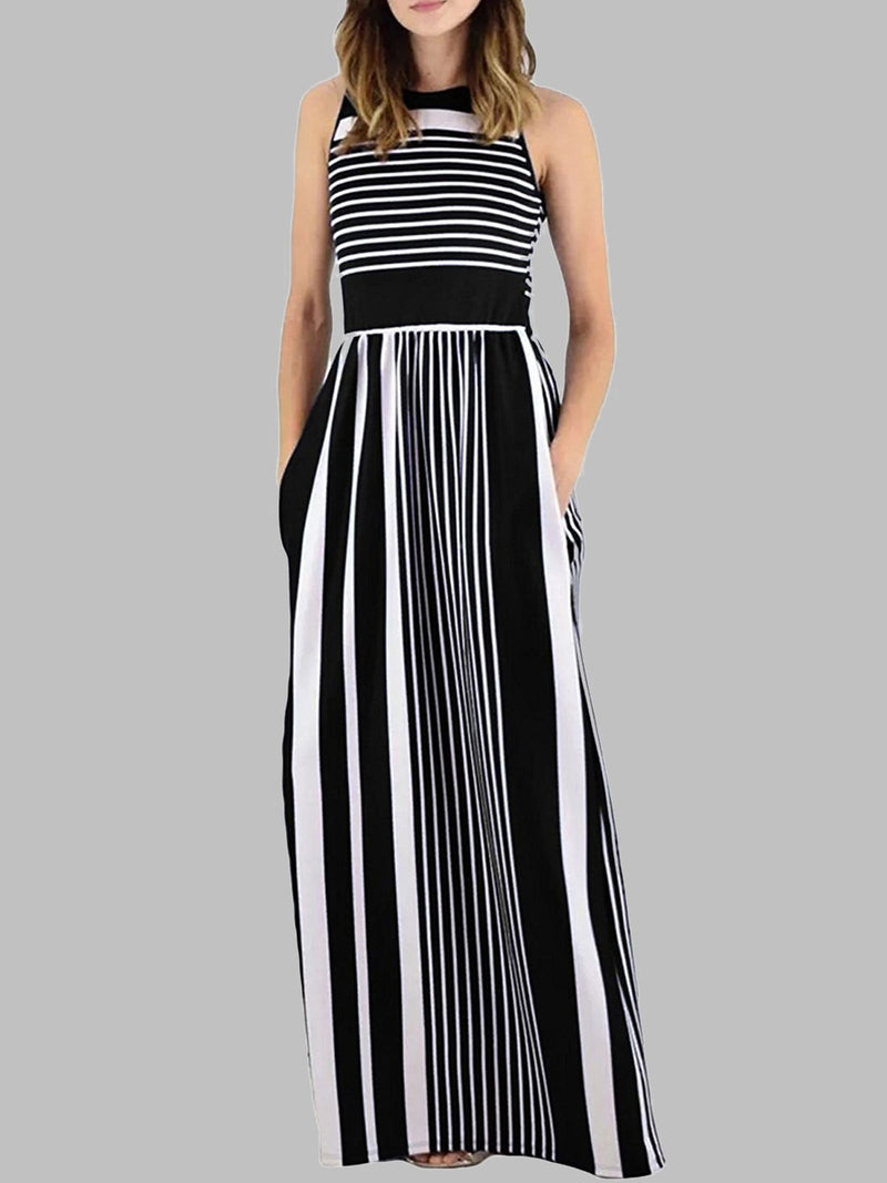 Striped Print Sleeveless Round Neck Dress