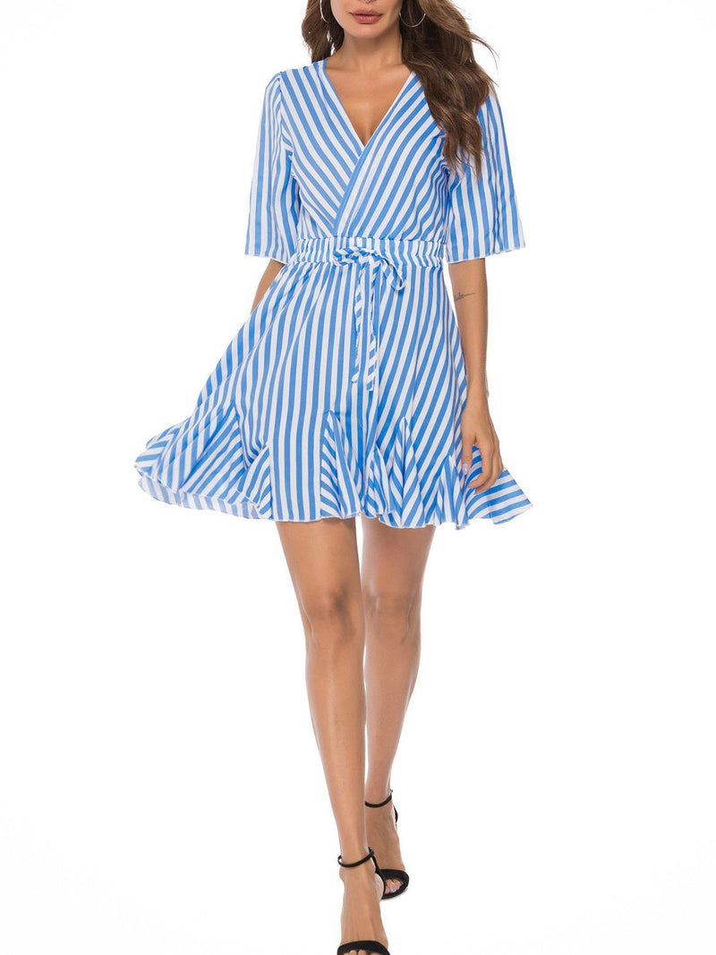 Summer V-neck Striped Belt Mini Dress