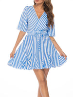 Summer V-neck Striped Belt Mini Dress