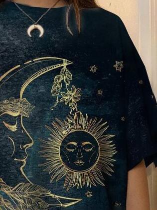 Sun & Moon Print Fashion Round Neck Women's T-shirt