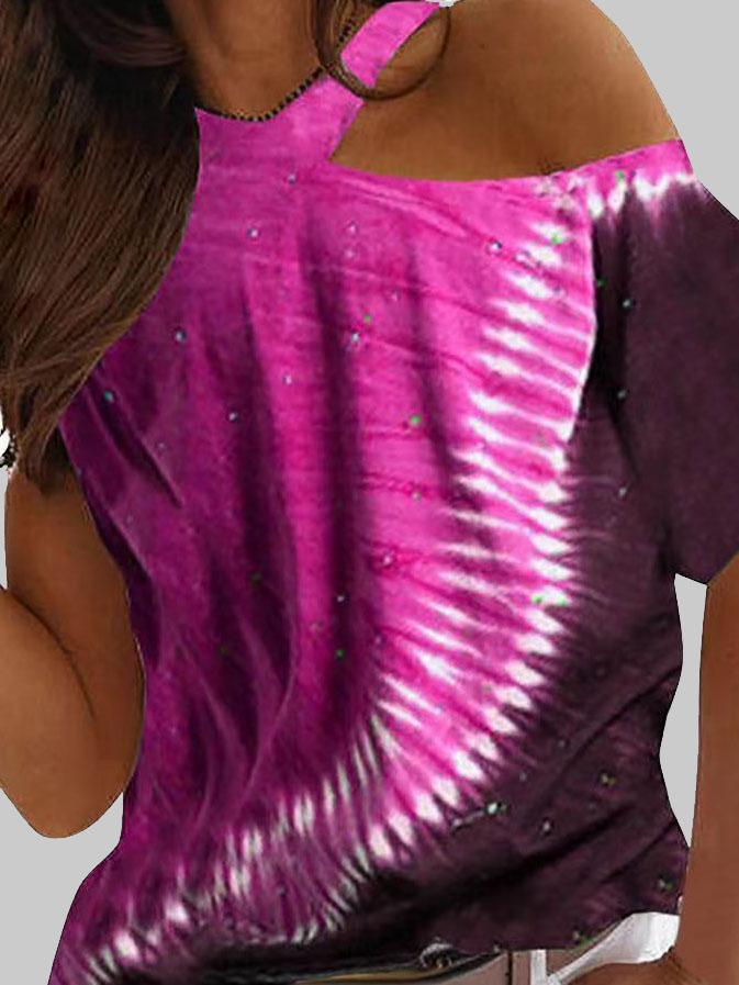 Tie-dye Printed Off The Shoulder Irregular Short Sleeve T-shirt