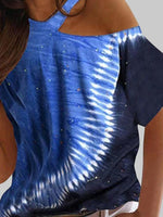 Tie-dye Printed Off The Shoulder Irregular Short Sleeve T-shirt