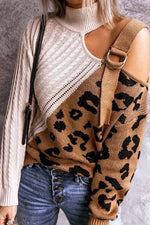 Florcoo Turtleneck Leopard Print Patchwork Cold Sweater