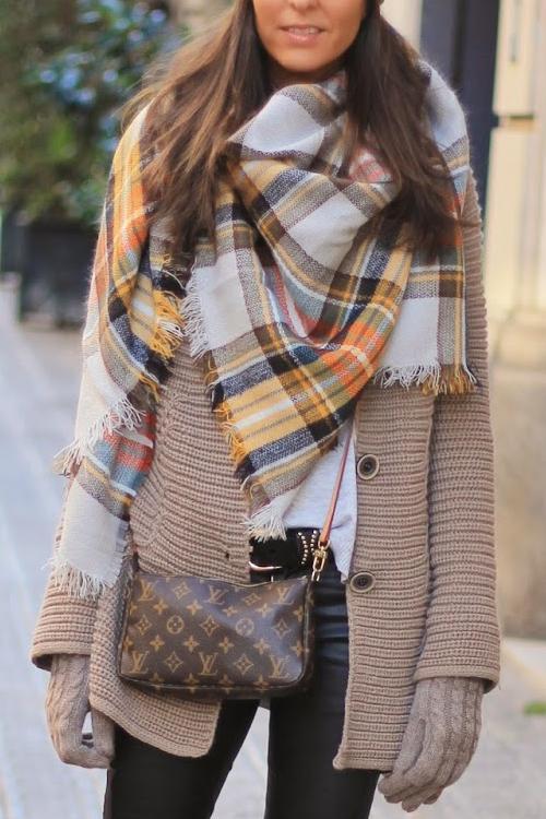 Grey Yellow Plaid Blanket Scarf