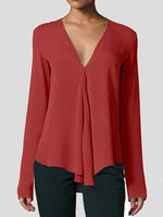 V-neck Long-sleeved Chiffon Solid Blouse