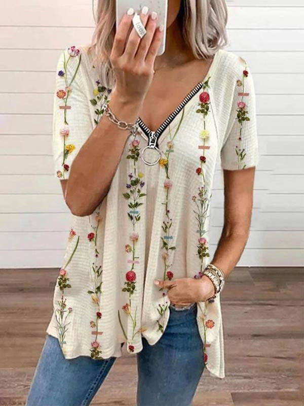 V-neck Print Short-sleeved T-shirts