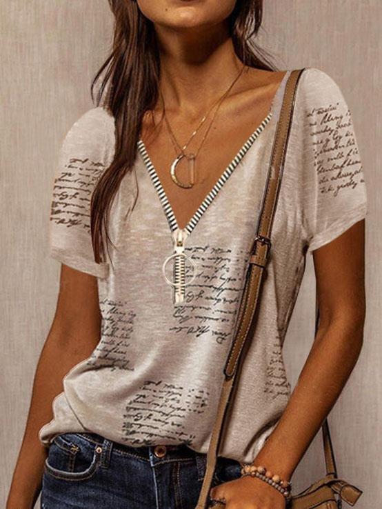 V-neck Printed Short Sleeve Casual T-shirt