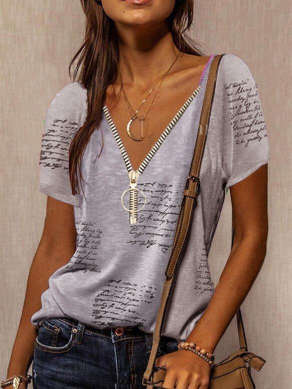 V-neck Printed Short Sleeve Casual T-shirt