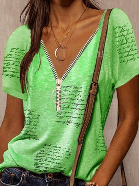 V-neck Printed Short Sleeve Casual T-shirt