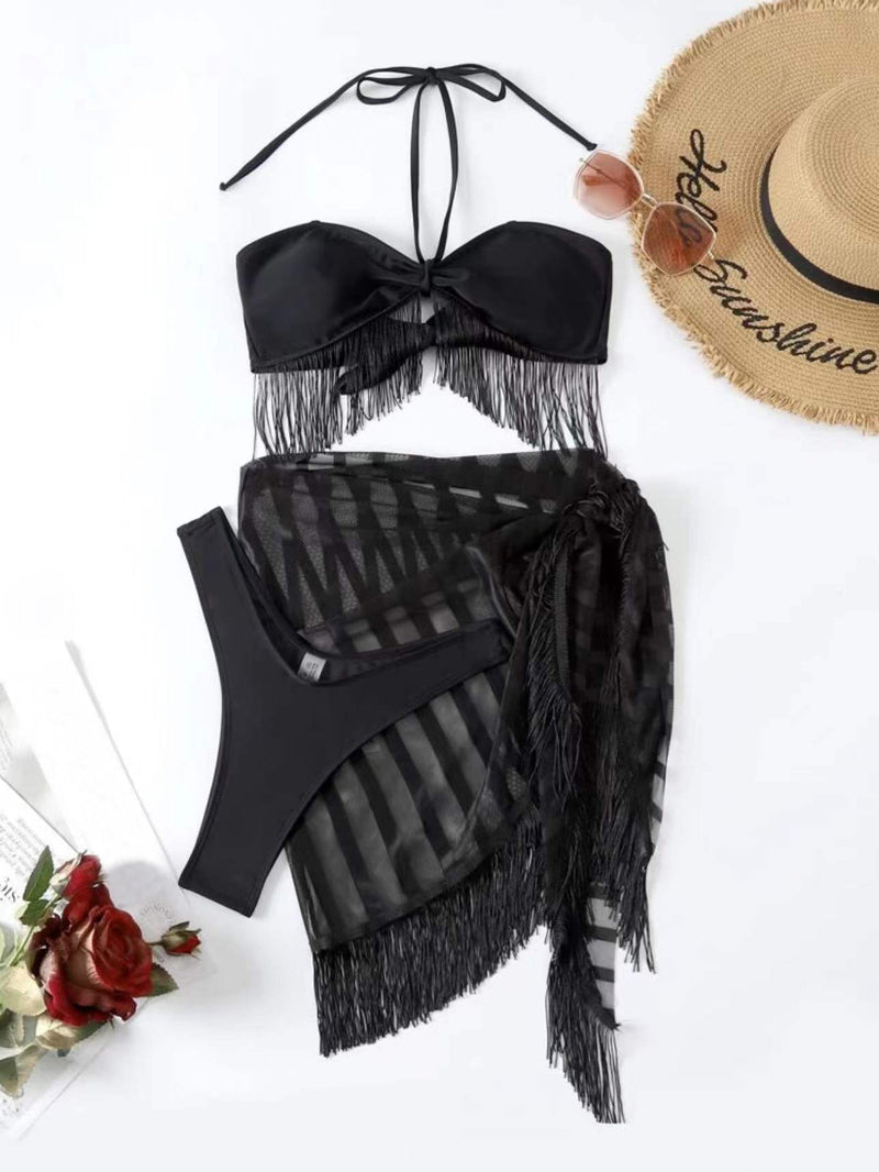 Women's Bikinis Three-Piece Fringed Strapless Mesh Swimsuit Bikini