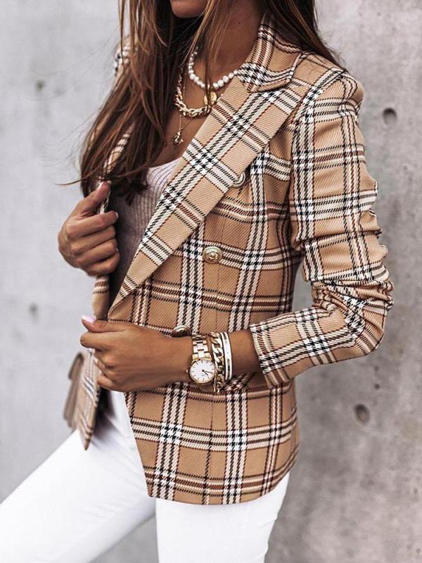 Women's Blazers Double-Breasted Plaid Printed Long Sleeve Blazer