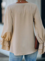 Women's Blouse Solid V-Neck Ruffle Long Sleeve Blouse