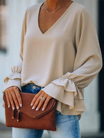 Women's Blouse Solid V-Neck Ruffle Long Sleeve Blouse