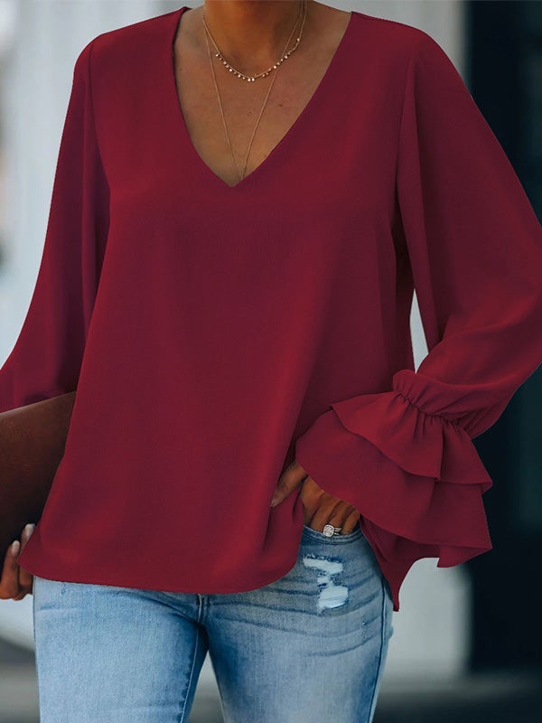 Women's Blouse Solid V-Neck Ruffle Long Sleeve Blouse