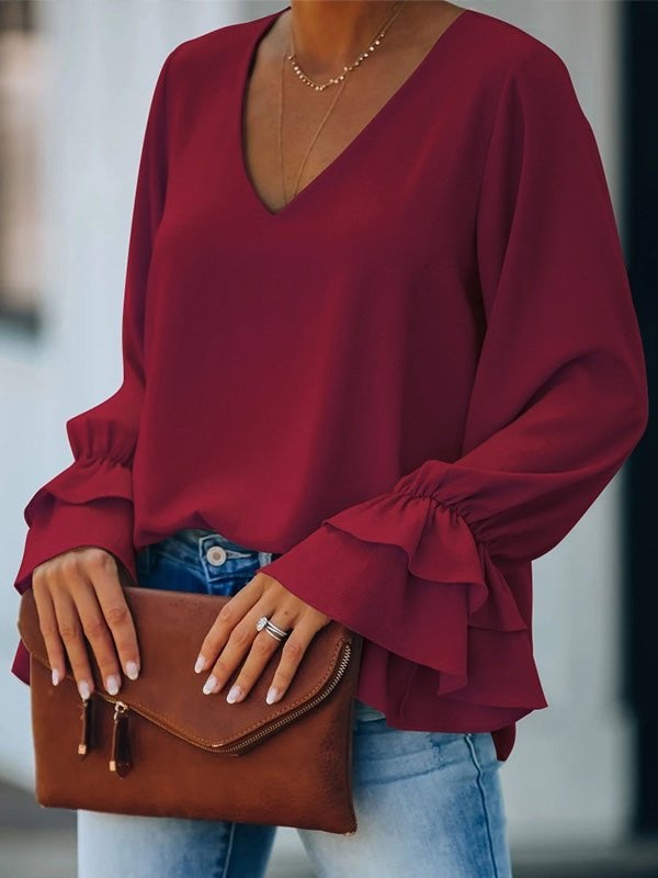 Women's Blouse Solid V-Neck Ruffle Long Sleeve Blouse